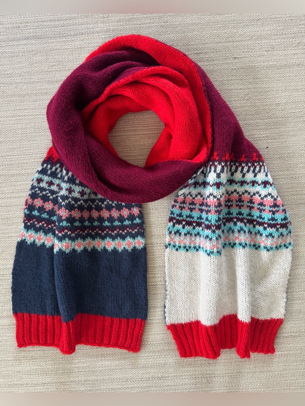Gap women’s cozy winter warm red maroon reversible fair isle knit sweater scarf